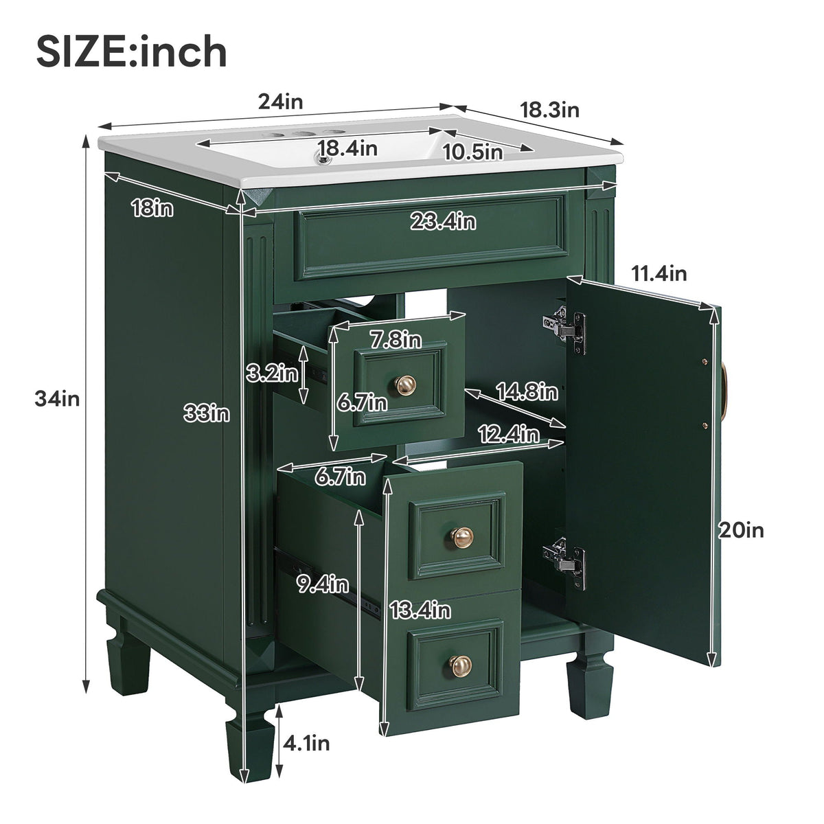 Compact Bathroom Vanity with Ceramic Sink and Storage Drawers - White, Green, Black, photo 13 of 24