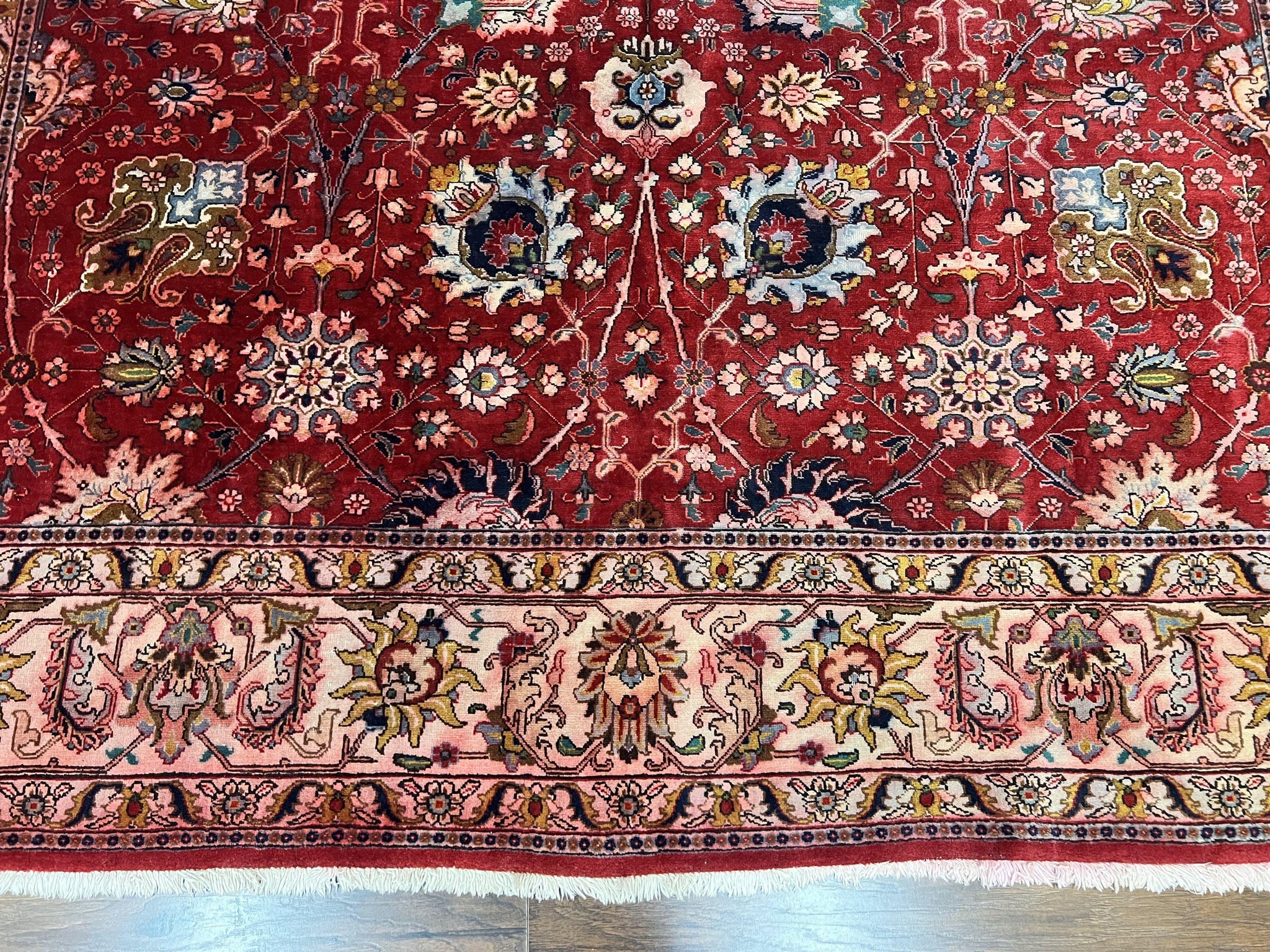 Persian Tabriz Rug 10x12, Floral Allover, Handmade Vintage Wool Carpet, Red and Cream by Jewel Rugs