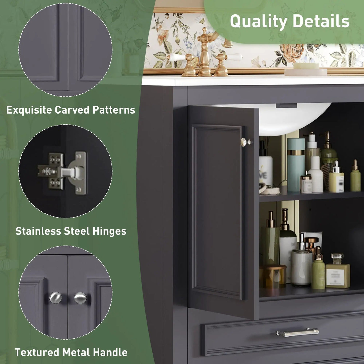Bathroom Vanity With Sink, Cabinet & 2 Soft Closing Doors & Adjustable Shelf by Unique Piece Furniture