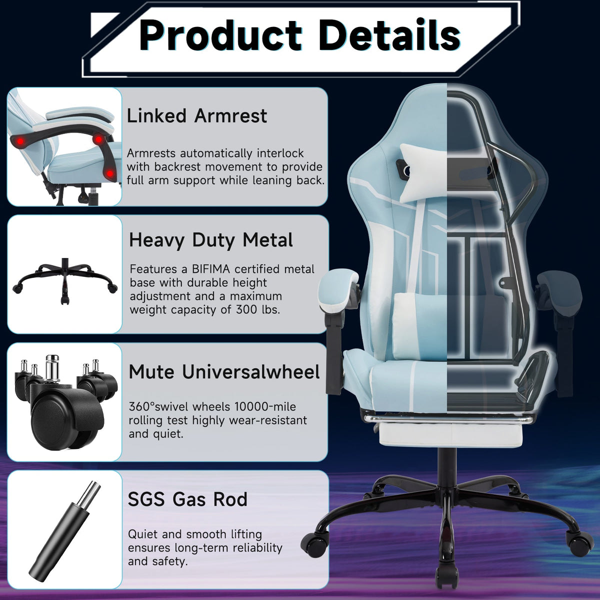 Ergonomic Gaming Chair with Footrest and Lumbar Support - Blue White, photo 4 of 10