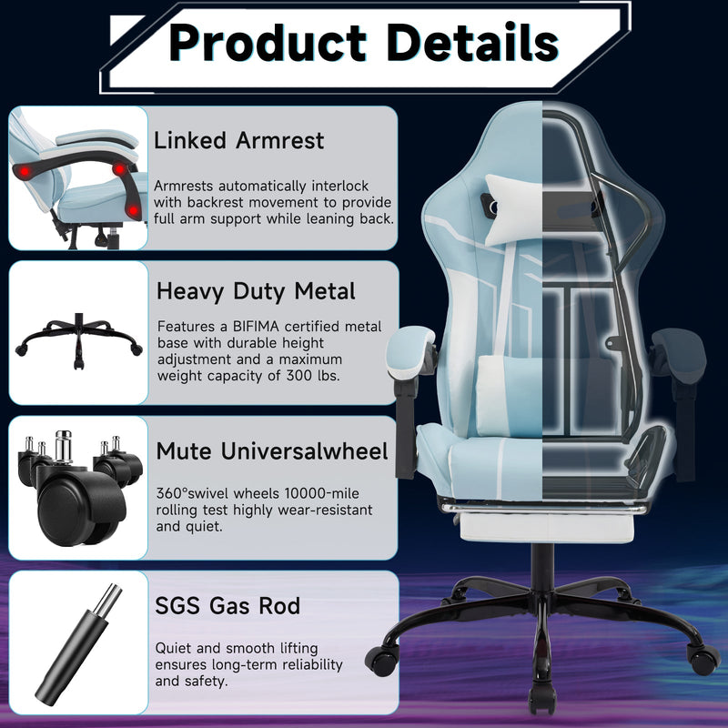 Ergonomic Gaming Chair with Footrest and Lumbar Support - Blue White, photo 4 of 10