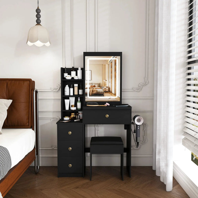 Vanity Desk With 3 LED Lighting Modes, 4 Drawers, Open Shelves, Hair Dryer Holder & Power Socket Dressing Table Set With Chair - Black by Unique Piece Furniture
