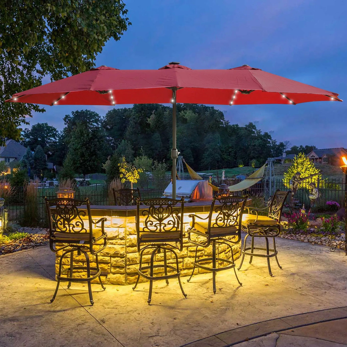 Double-Sided Outdoor Market Umbrella With Lights And Base by HouseOfZazla