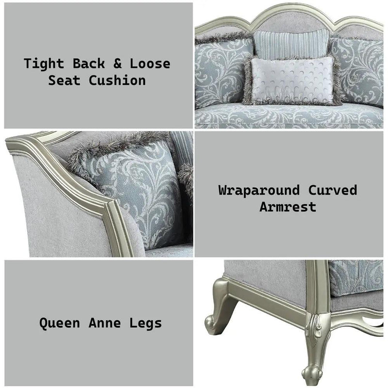 Qunsia - Loveseat With 4 Pillows - Light Gray Linen & Champagne by Unique Piece Furniture