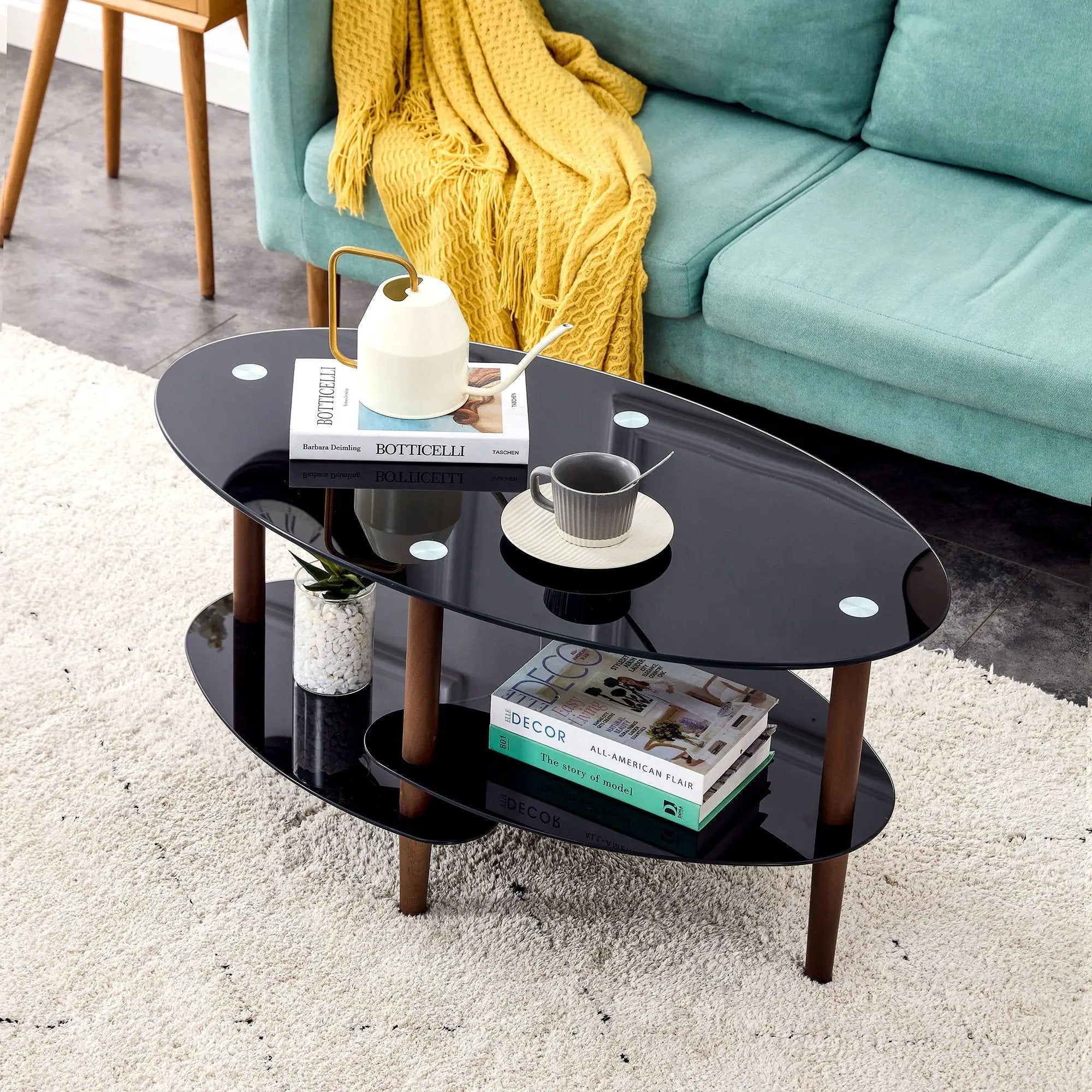 Oval Glass Coffee Table, Modern Table In Living Room Oak Wood Leg Tea Table 3-Layer Tempered Glass Table - Brown / Black by HouseOfZazla