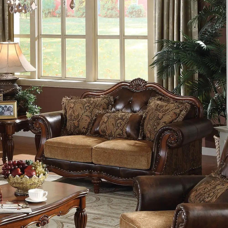 Dreena - Loveseat With 3 Pillows - Two Tone Brown Synthetic Leather & Chenille Cherry by Unique Piece Furniture