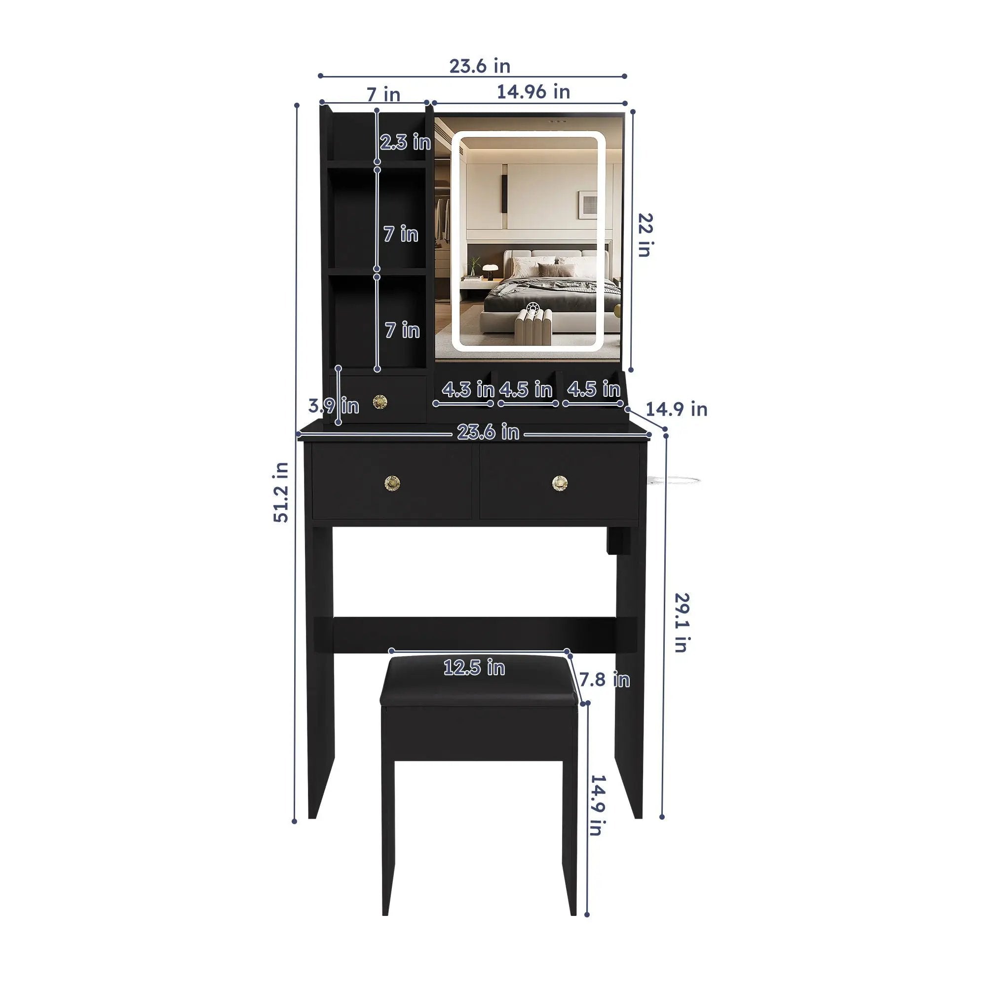 Modern Small Vanity Desk With 3 LED Lighting Modes, 3 Drawers by Unique Piece Furniture