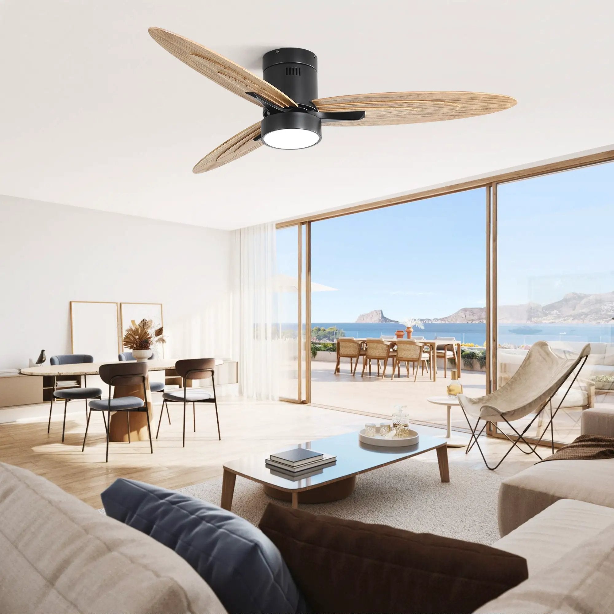 Flush Mount Ceiling Fan With Light And Remote Control, 3 Blades, Reversible DC Motor - Black by Unique Piece Furniture