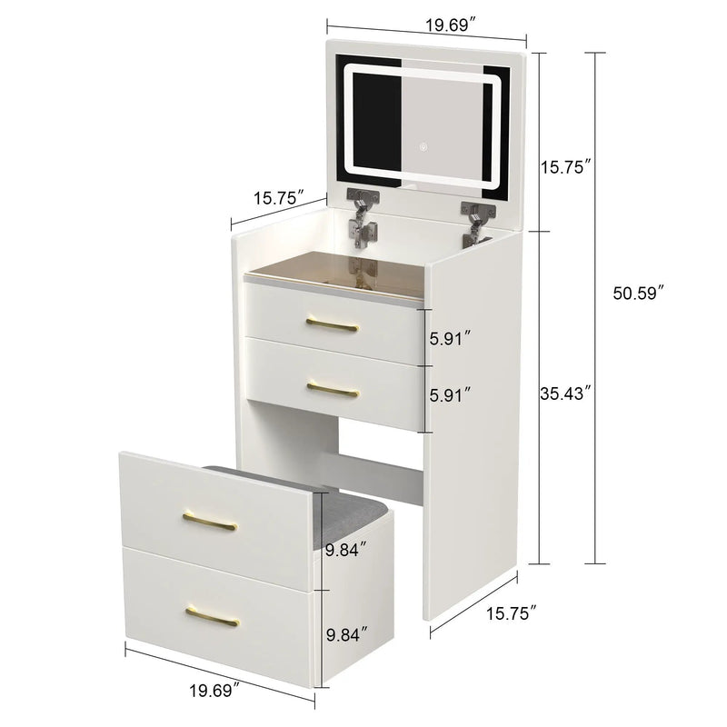 Compact 3 In 1 Vanity Desk With Open Top Mirror, Glass Desktop, 5 Height - White by Unique Piece Furniture
