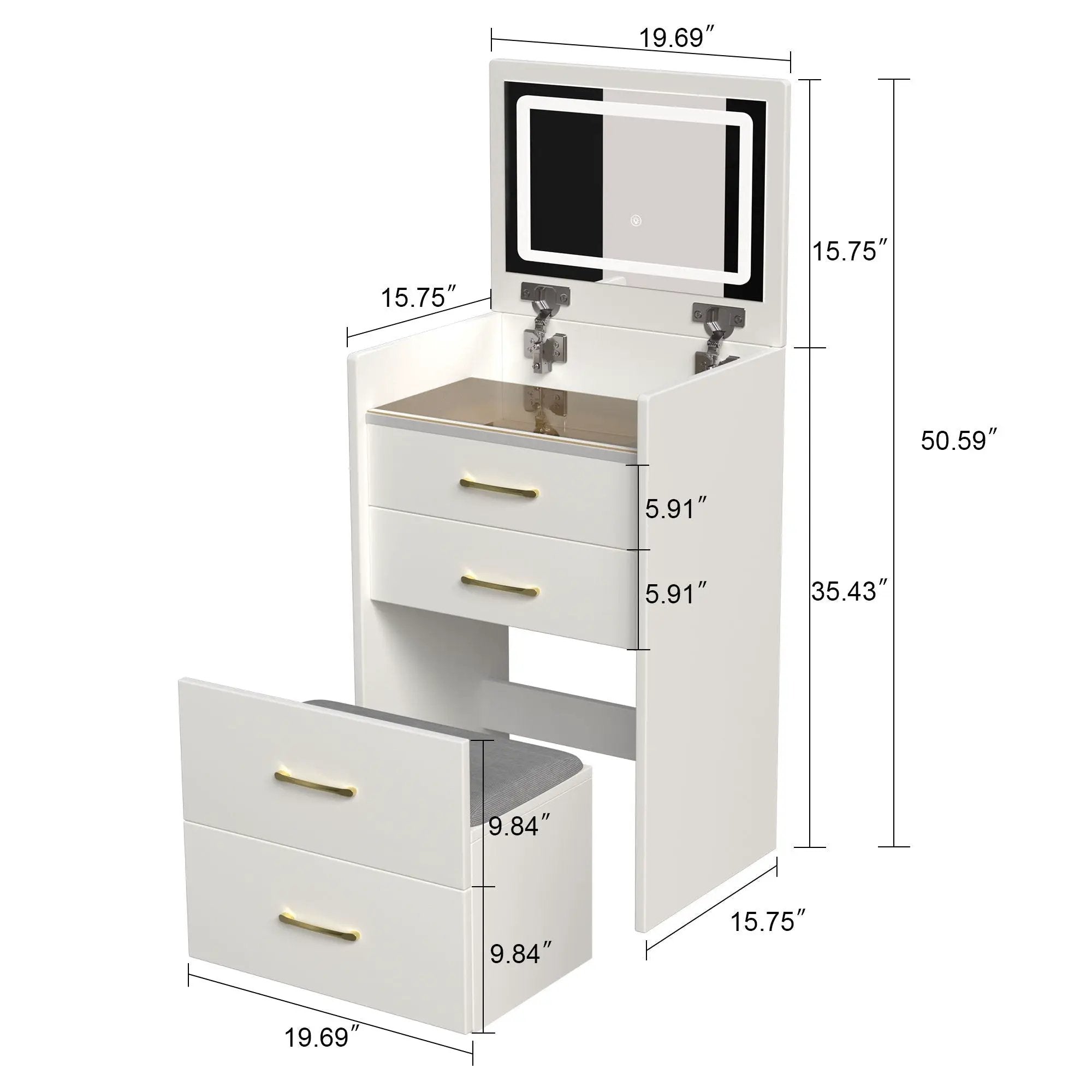 Compact 3 In 1 Vanity Desk With Open Top Mirror, Glass Desktop, 5 Height - White by HouseOfZazla