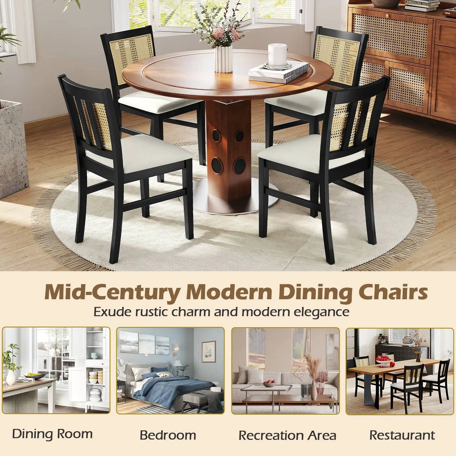 Farmhouse Rattan Dining Chair Set of 2 with Rubber Wood Legs and Cane Back-Beige by DirectDeals
