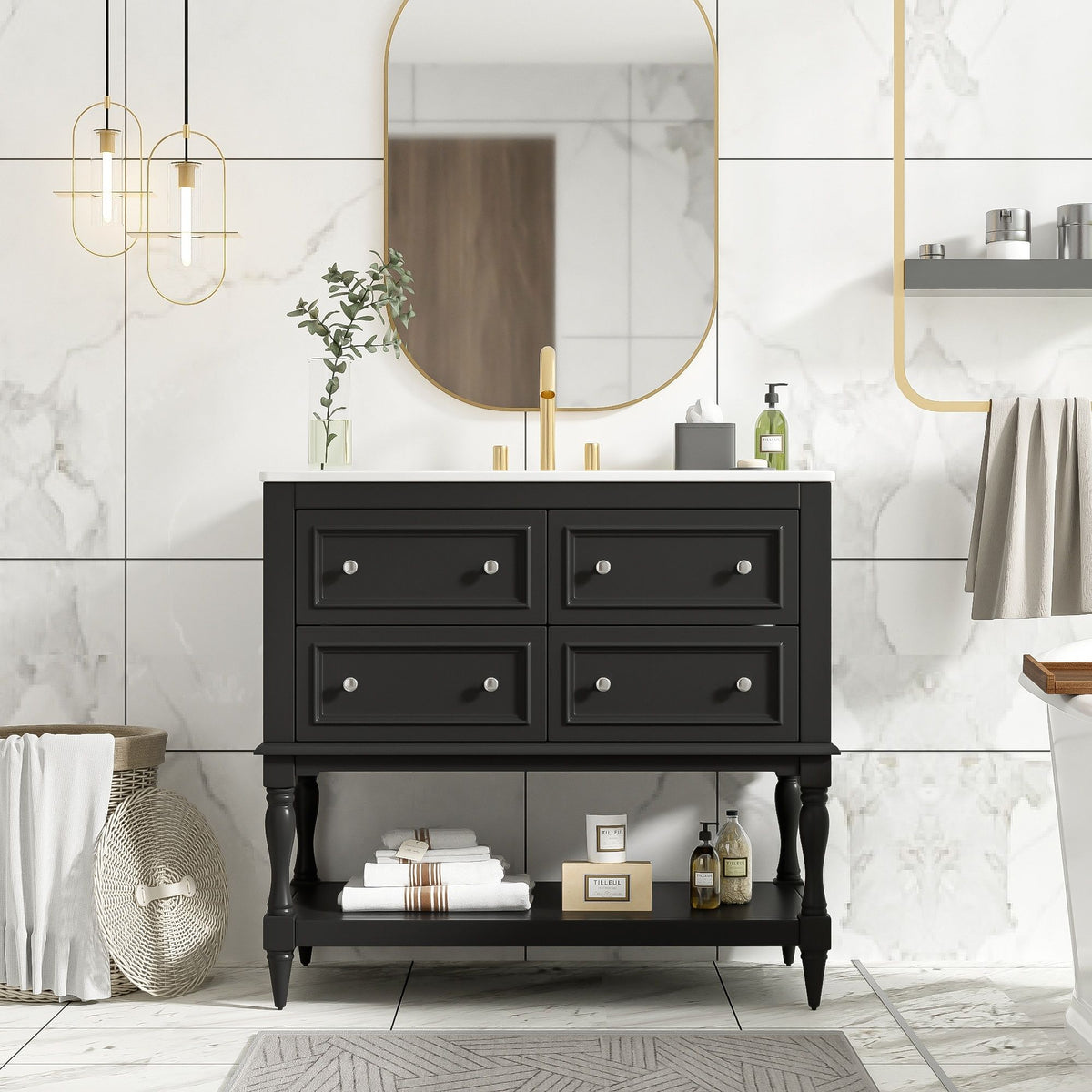 36" Bathroom Vanity Cabinet with Undermount Sink and 4 Drawers - Beige, Black, White, photo 5 of 12