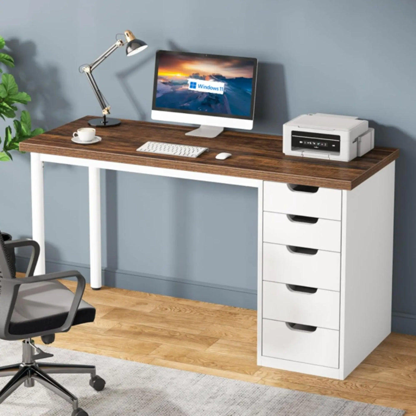 Computer Desk With 5 Drawers, Reversible Cabinet Design by HouseOfZazla