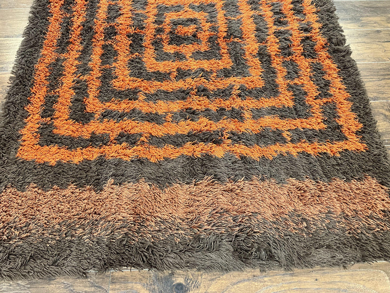 Vintage Rya Shag Rug 4.6 x 6.6, Abstract Design, Brown and Orange, Mid Century Danish Rya Carpet by Jewel Rugs