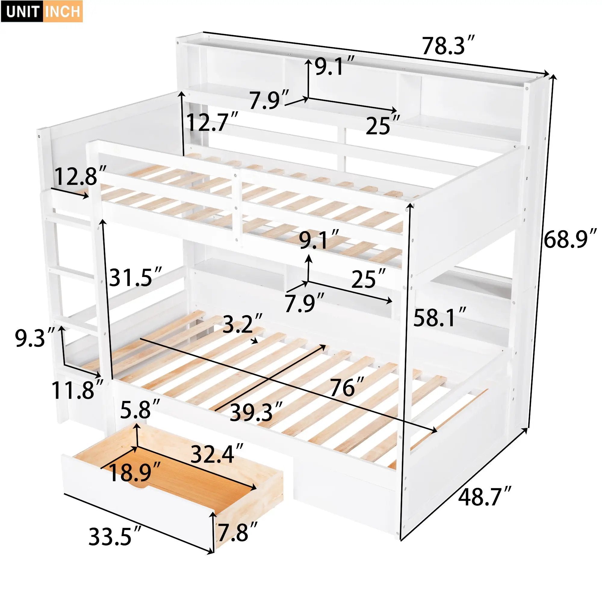 Twin Size Bunk Bed With Built-In Shelves Beside Both Upper And Down Bed And Storage Drawer by Unique Piece Furniture