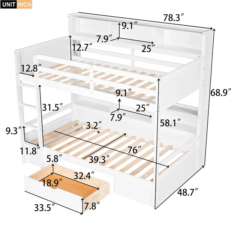 Twin Size Bunk Bed With Built-In Shelves Beside Both Upper And Down Bed And Storage Drawer by Unique Piece Furniture