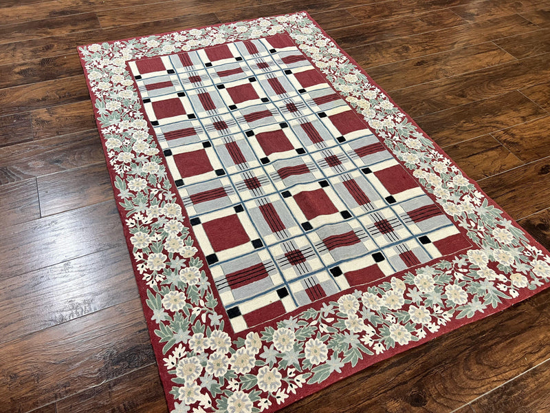 Indian Hand Stitched Rug 4x6, Vintage Carpet, Checkerboard Floral Pattern, Maroon Ivory, Flatweave, Wool by Jewel Rugs