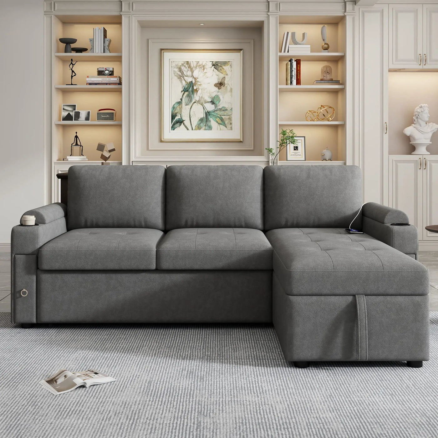 Convertible L Shaped Sofa Couch With Storage, Cup Holders, USB Ports by HouseOfZazla