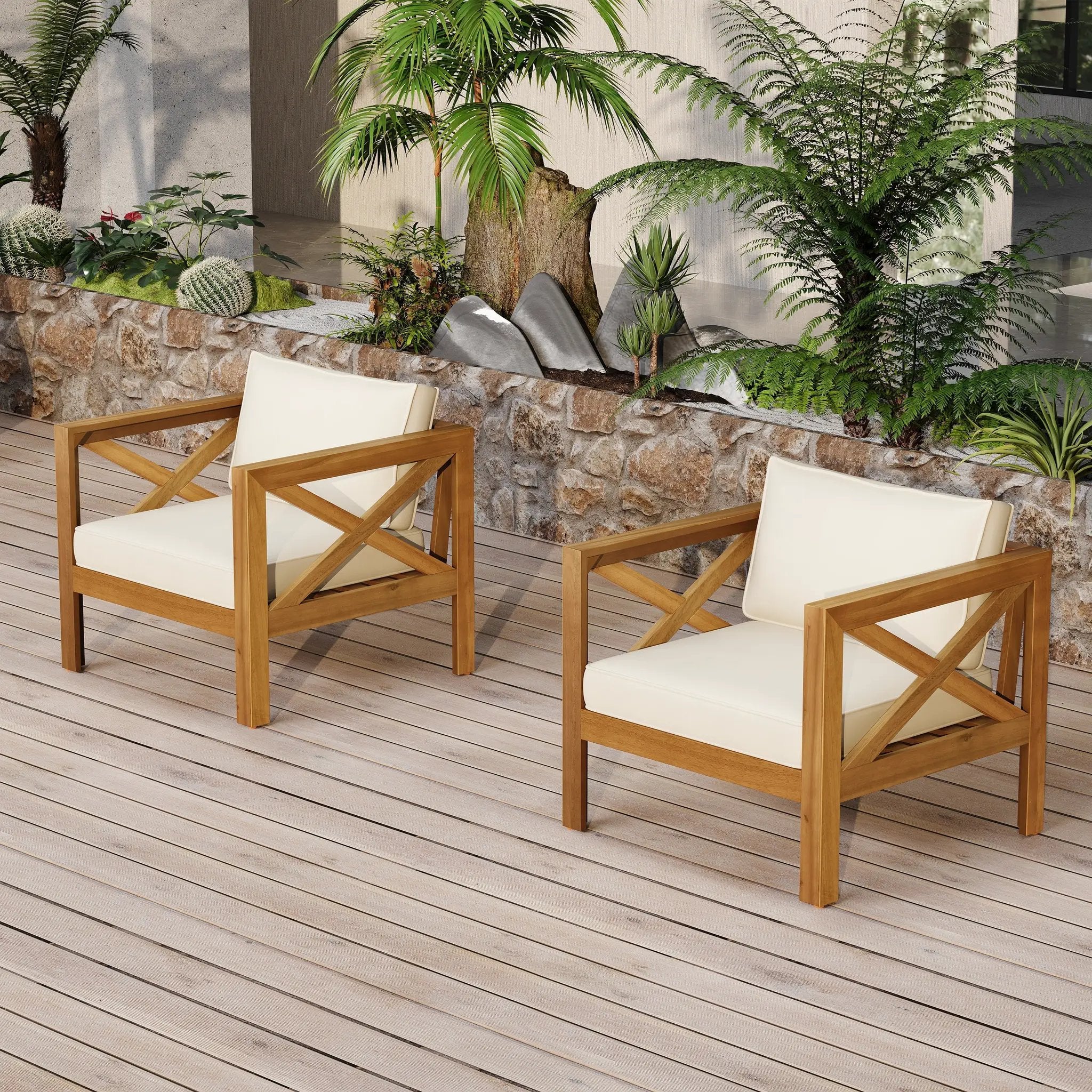 Patio Conversation Set with Foldable Acacia Wood Side Table and Cushions by HouseOfZazla