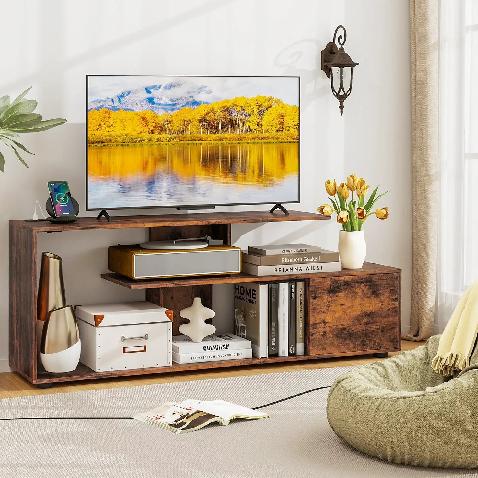 60 Inch Entertainment Center TV Stand with Power Outlet-Rustic Brown by DirectDeals