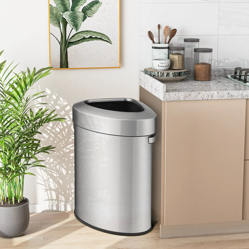60L Stainless Corner Steel Trash Bin with Lid and Anti-slip Bottom-Silver by DirectDeals