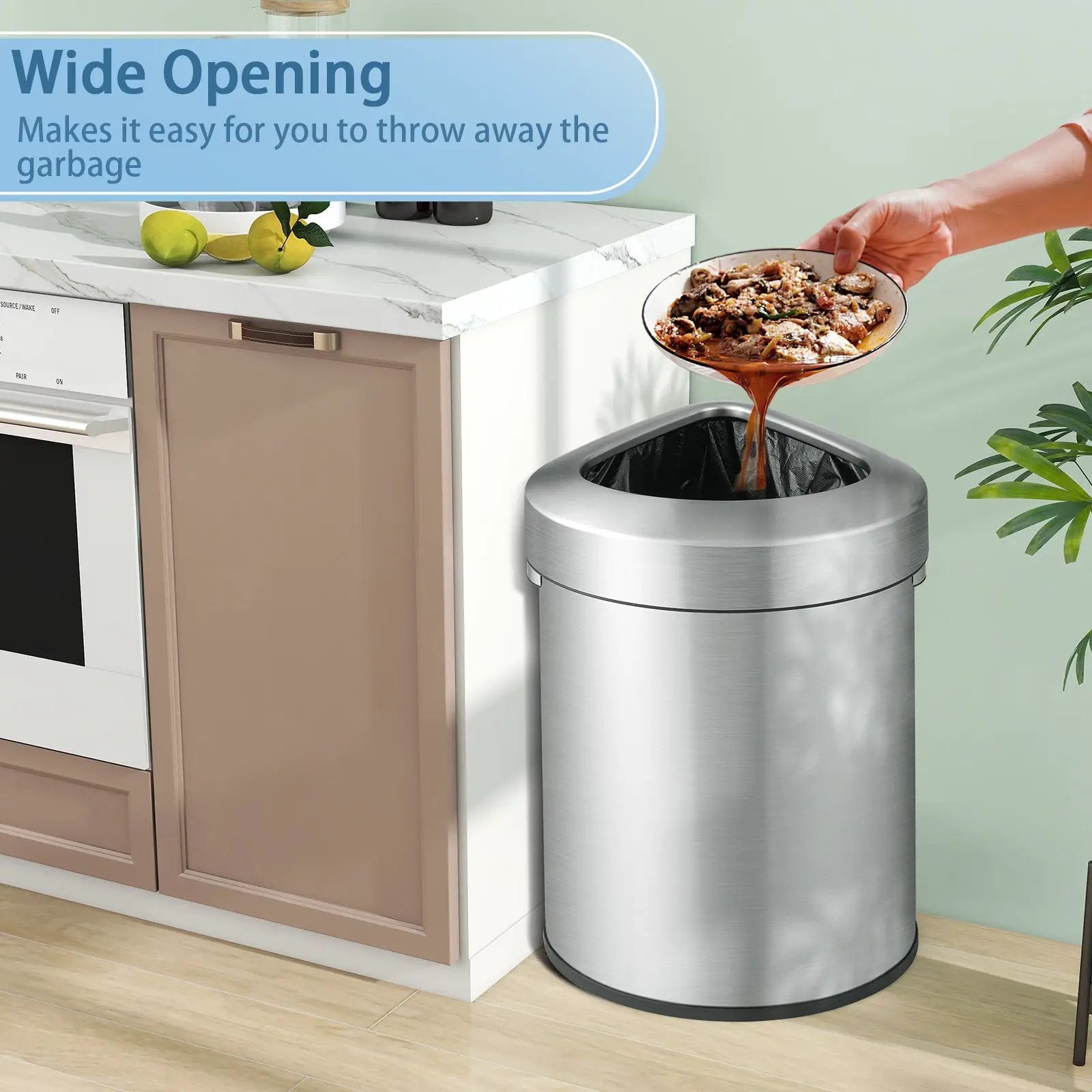 60L Stainless Corner Steel Trash Bin with Lid and Anti-slip Bottom-Silver by DirectDeals