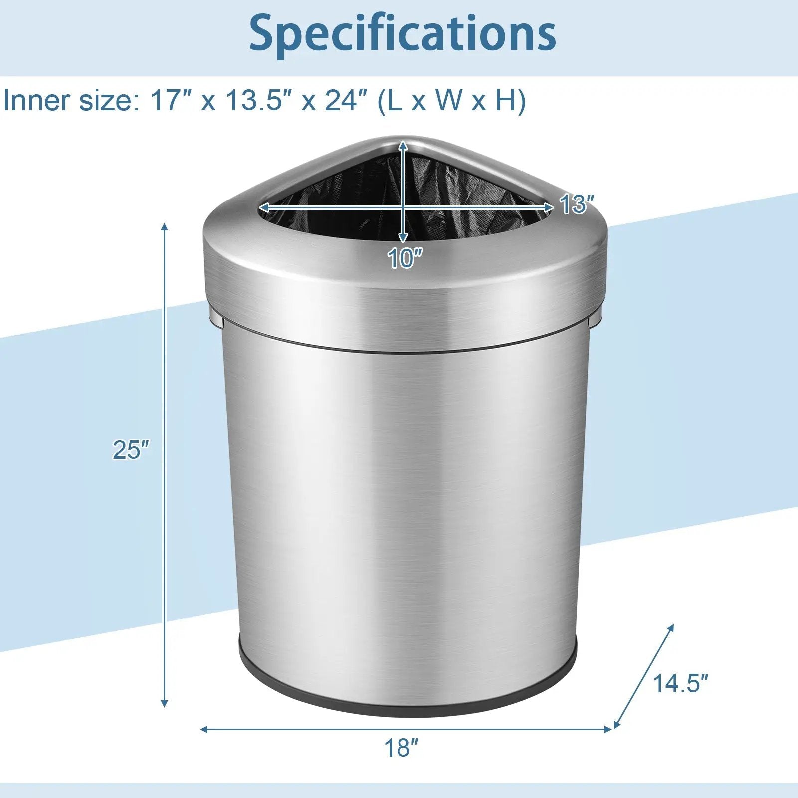 60L Stainless Corner Steel Trash Bin with Lid and Anti-slip Bottom-Silver by DirectDeals