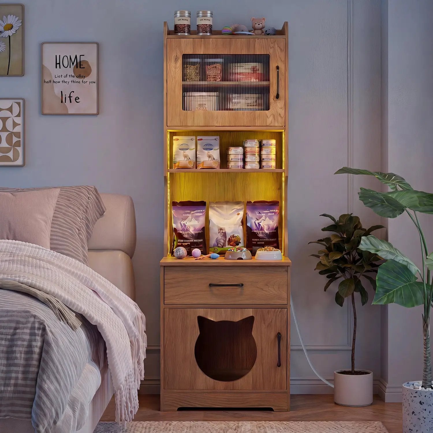 Cat Litter Box Enclosure with LED Light & Charging Station by DirectDeals