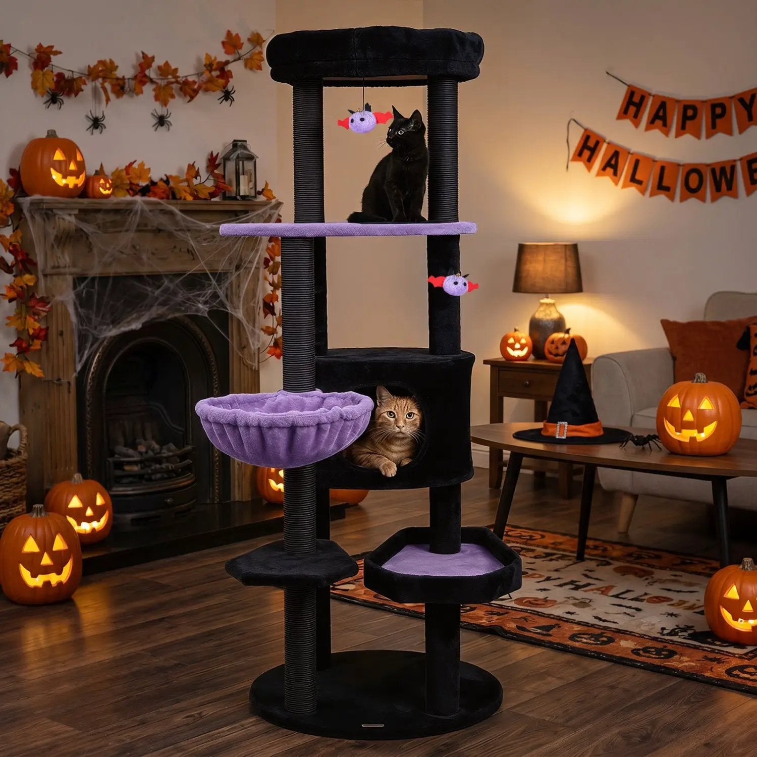 60" Gothic Cat Tower with Plush Perch and Hanging Toys by DirectDeals