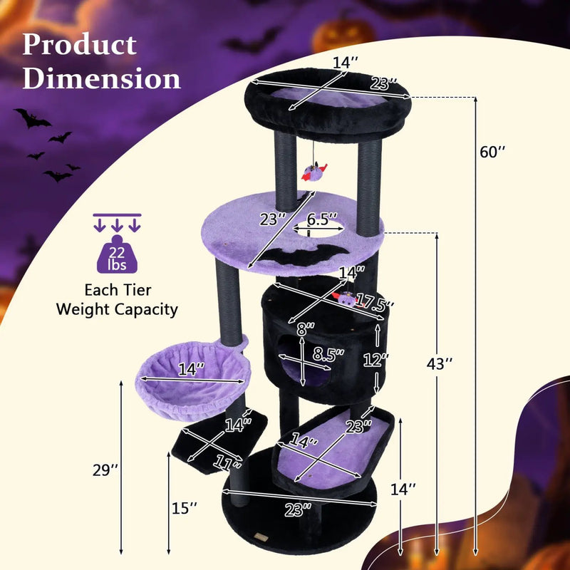60" Gothic Cat Tower with Plush Perch and Hanging Toys by DirectDeals