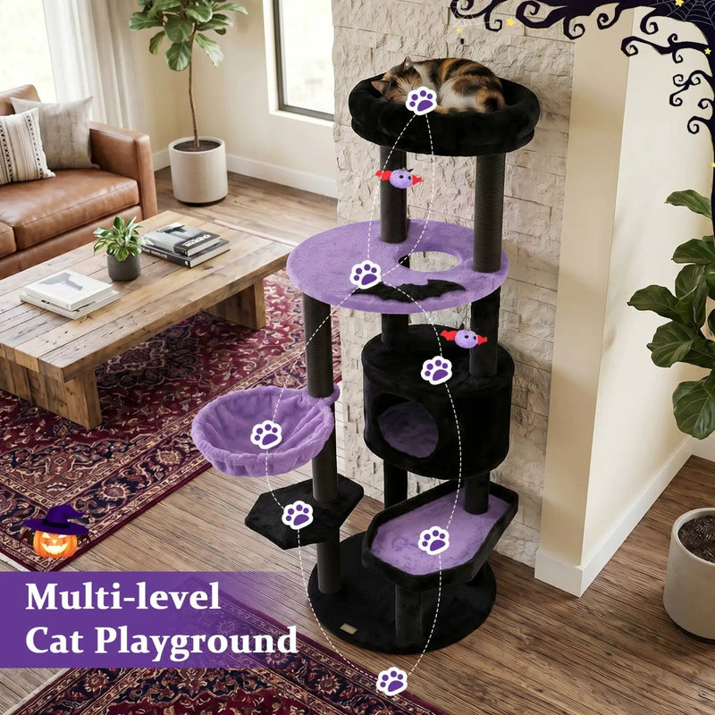 60" Gothic Cat Tower with Plush Perch and Hanging Toys by DirectDeals