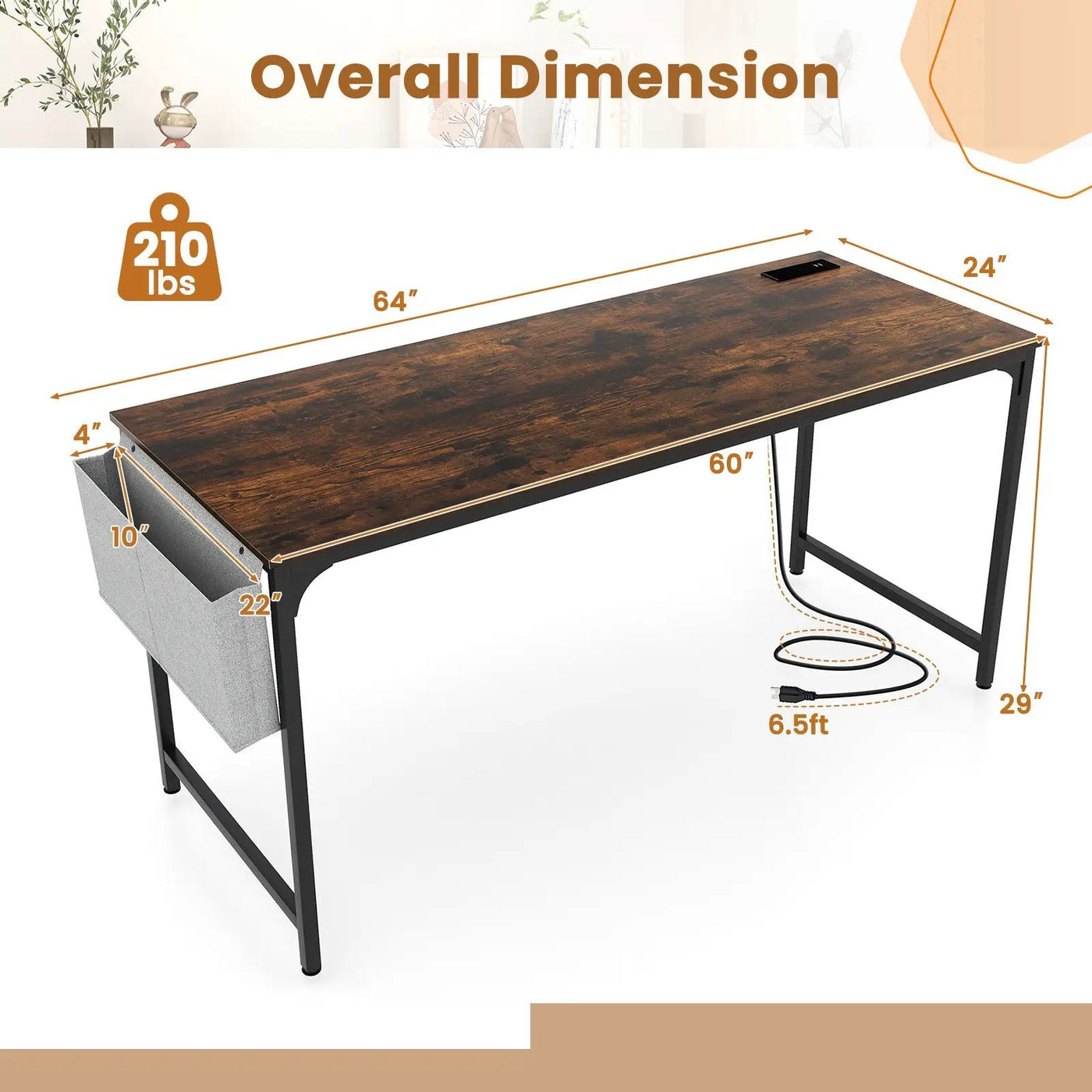 60 Inch Computer Desk with Charging Station Storage Bag by DirectDeals