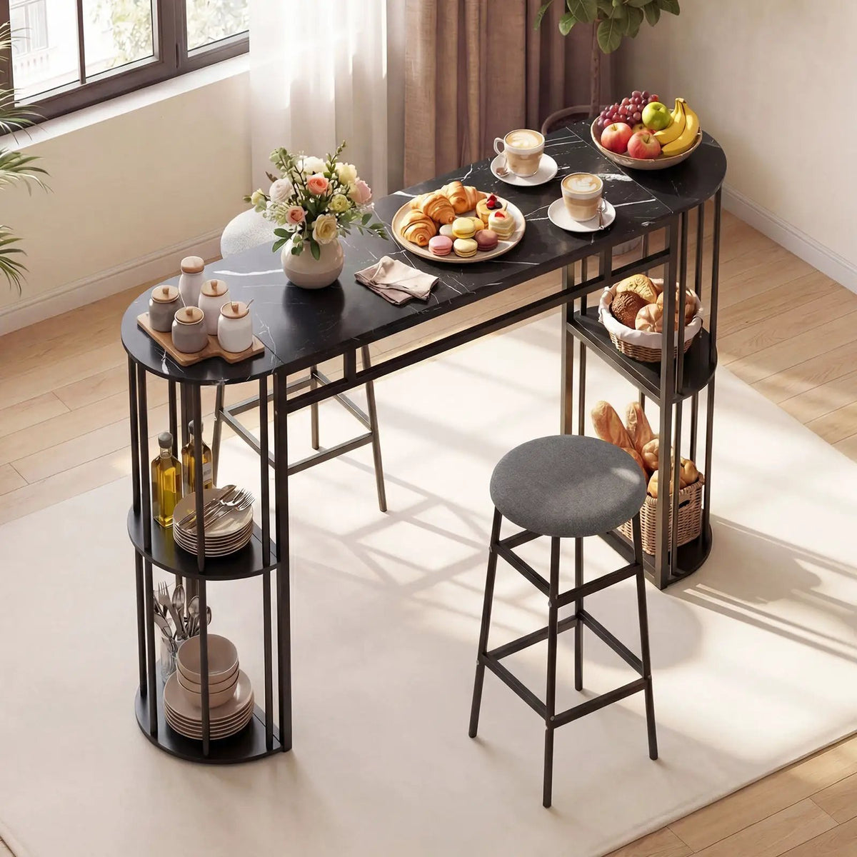 60 Inch Dining Table and 2 Upholstered Barstools with Faux Marble Tabletop by DirectDeals