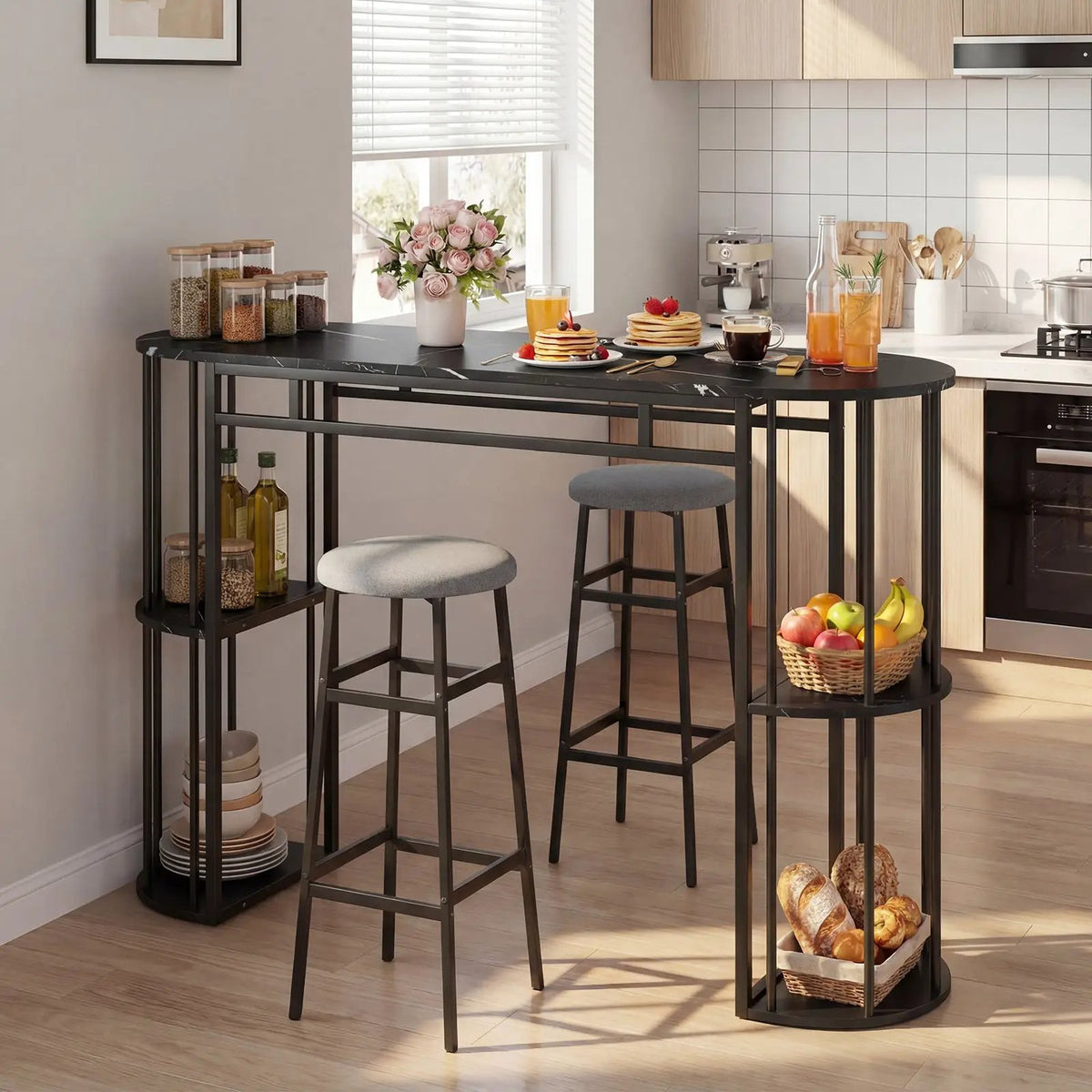 60 Inch Dining Table and 2 Upholstered Barstools with Faux Marble Tabletop by DirectDeals