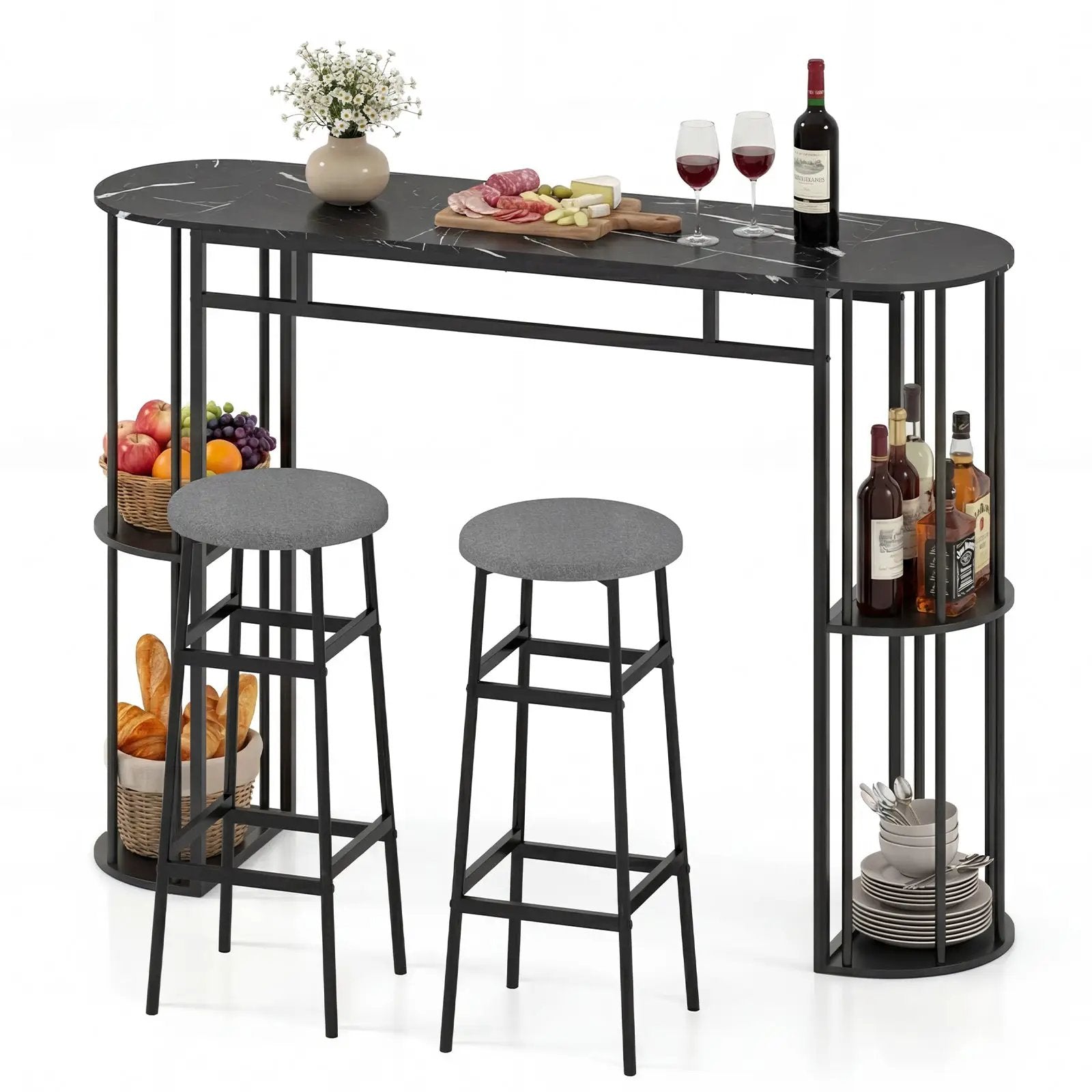 60 Inch Dining Table and 2 Upholstered Barstools with Faux Marble Tabletop by DirectDeals