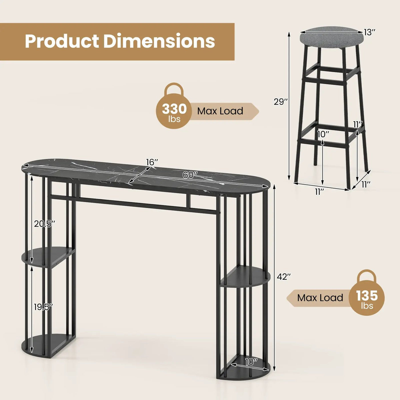 60 Inch Dining Table and 2 Upholstered Barstools with Faux Marble Tabletop by DirectDeals