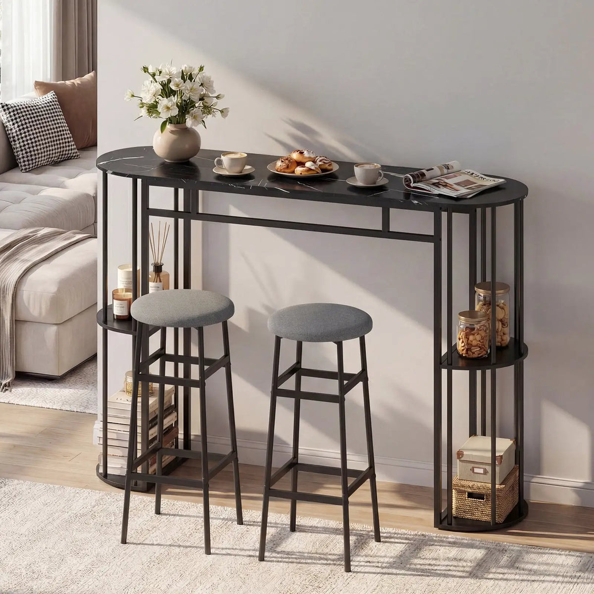 60 Inch Dining Table and 2 Upholstered Barstools with Faux Marble Tabletop by DirectDeals