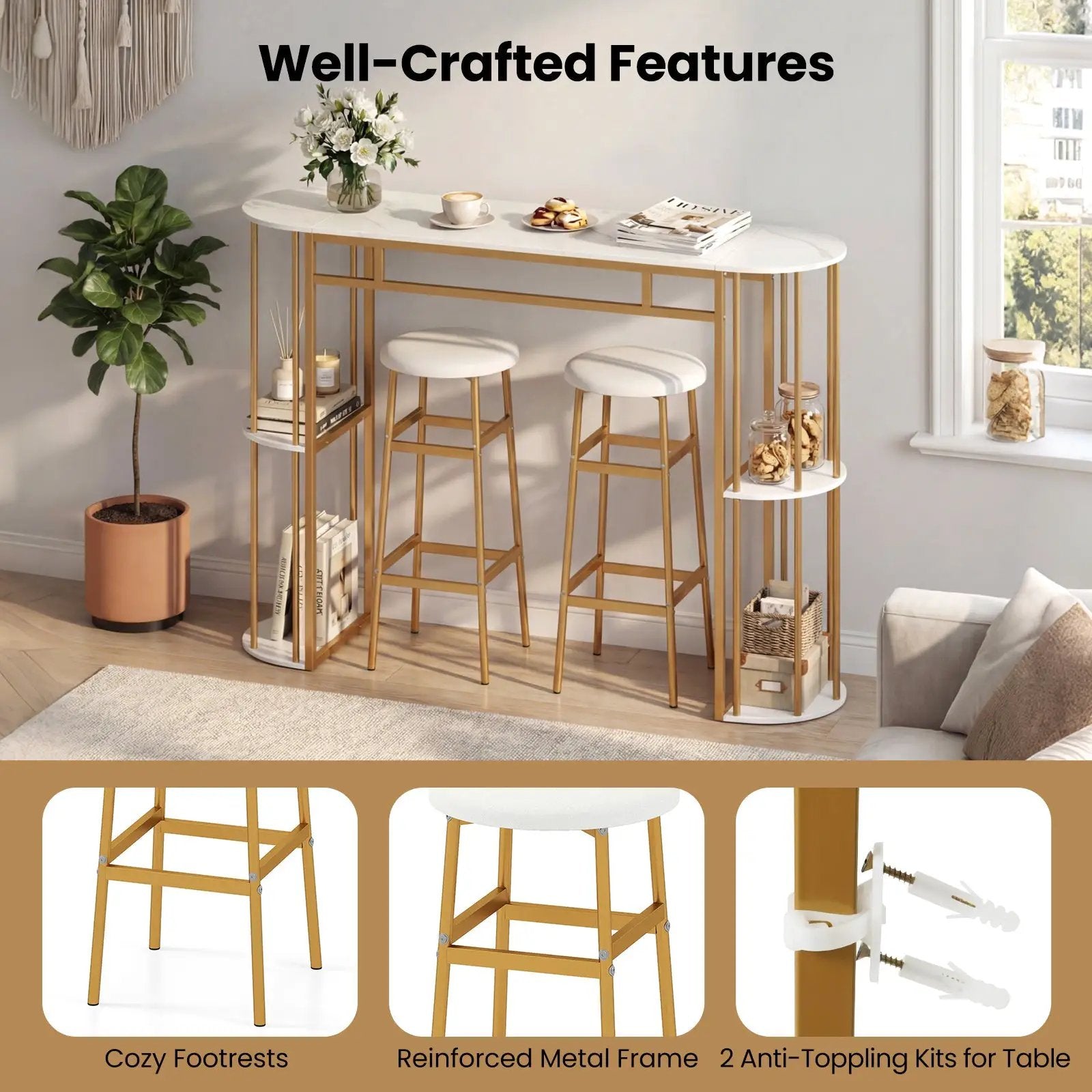 60 Inch Dining Table and 2 Upholstered Barstools with Faux Marble Tabletop by DirectDeals