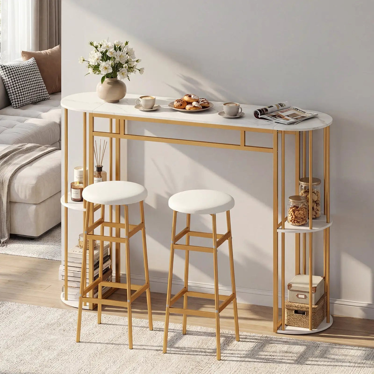 60 Inch Dining Table and 2 Upholstered Barstools with Faux Marble Tabletop by DirectDeals