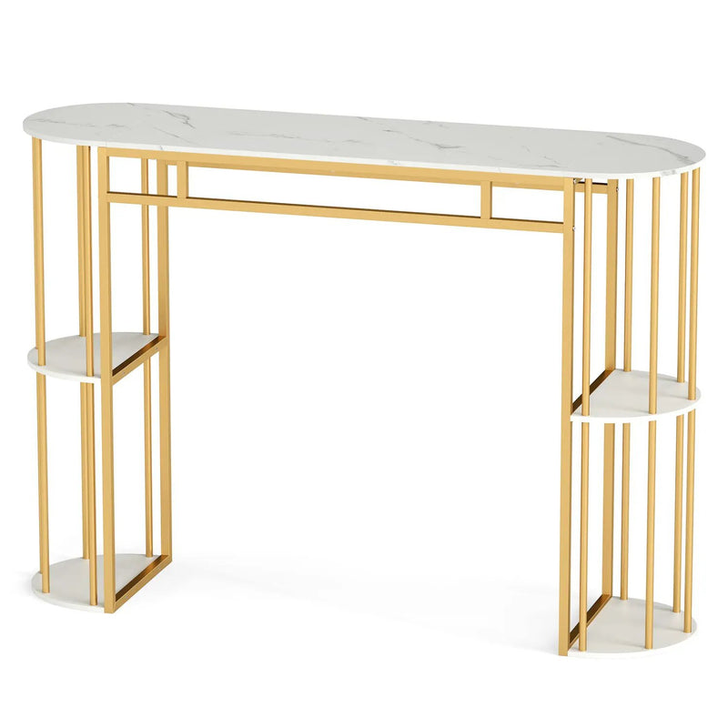 60 Inch Long Bar Table Narrow with Faux Marble Tabletop and Storage Shelves by DirectDeals