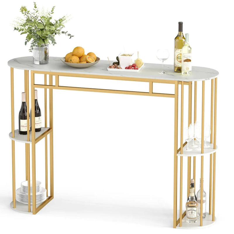 60 Inch Long Bar Table Narrow with Faux Marble Tabletop and Storage Shelves by DirectDeals