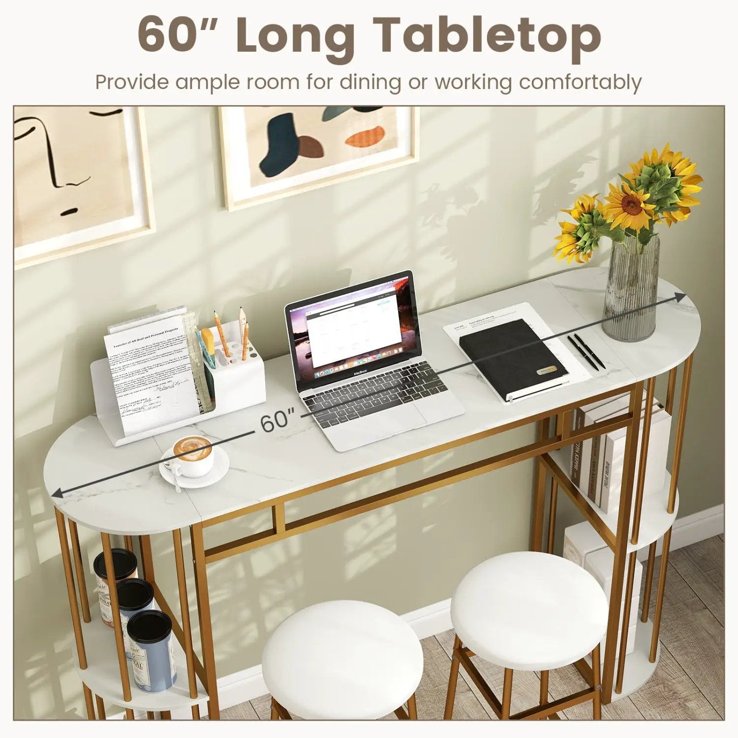 60 Inch Long Bar Table Narrow with Faux Marble Tabletop and Storage Shelves by DirectDeals
