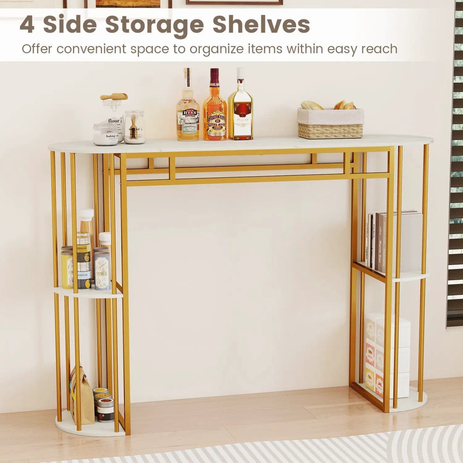 60 Inch Long Bar Table Narrow with Faux Marble Tabletop and Storage Shelves by DirectDeals