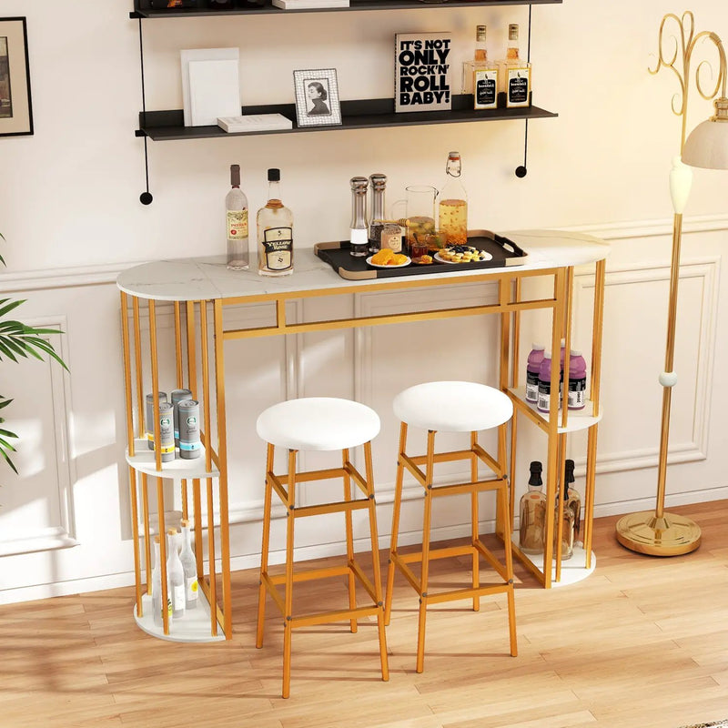 60 Inch Long Bar Table Narrow with Faux Marble Tabletop and Storage Shelves by DirectDeals