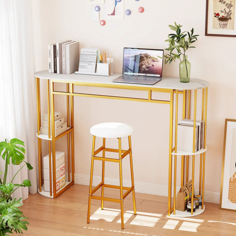 60 Inch Long Bar Table Narrow with Faux Marble Tabletop and Storage Shelves by DirectDeals