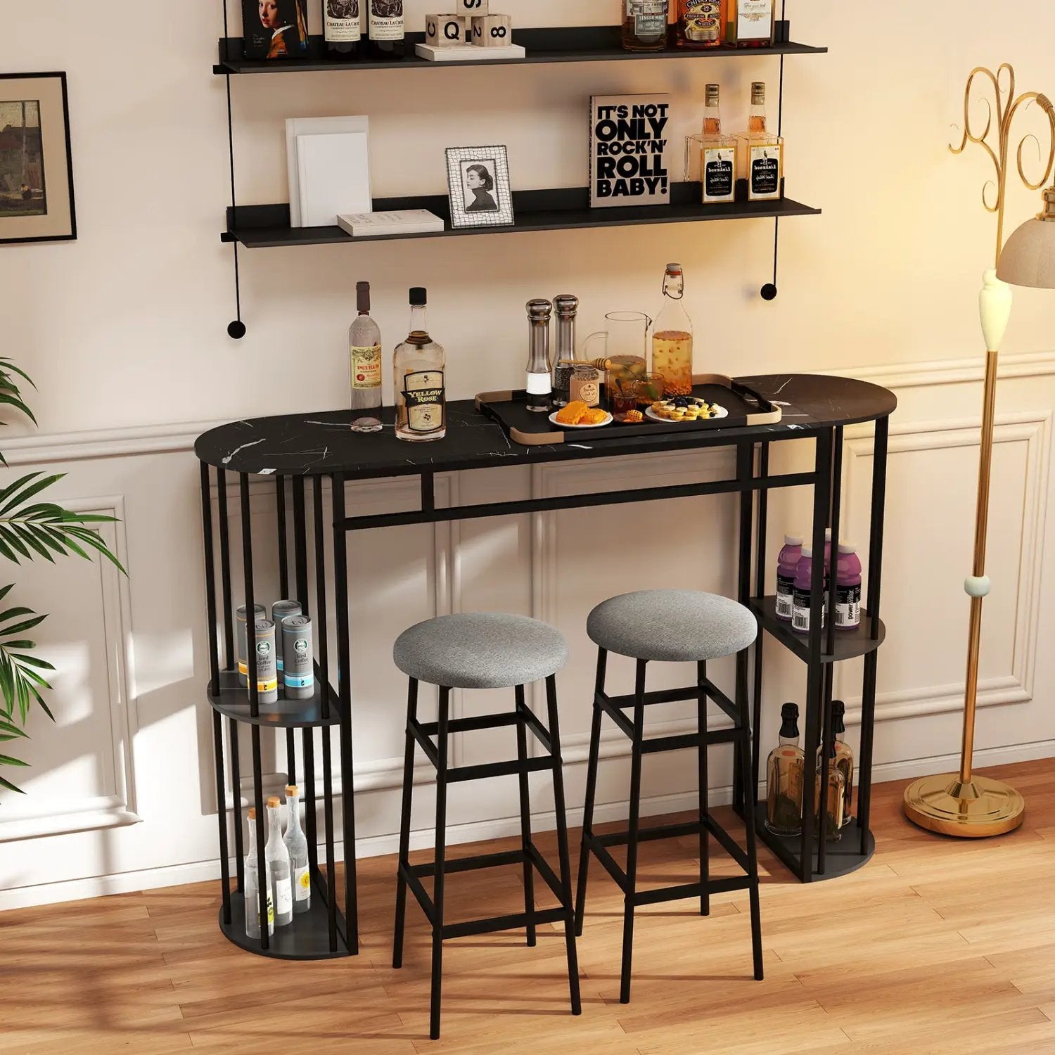 60 Inch Long Bar Table Narrow with Faux Marble Tabletop and Storage Shelves by DirectDeals