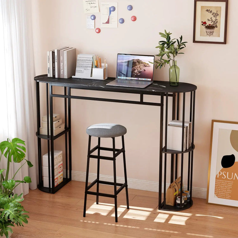 60 Inch Long Bar Table Narrow with Faux Marble Tabletop and Storage Shelves by DirectDeals