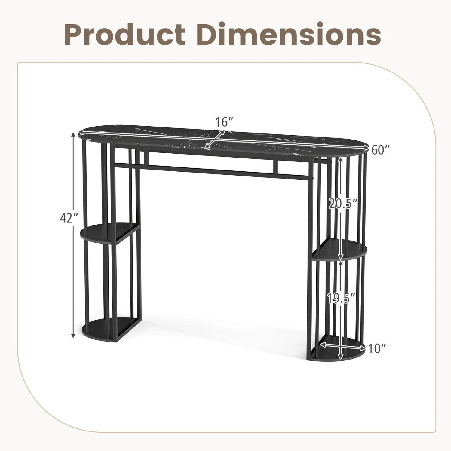 60 Inch Long Bar Table Narrow with Faux Marble Tabletop and Storage Shelves by DirectDeals