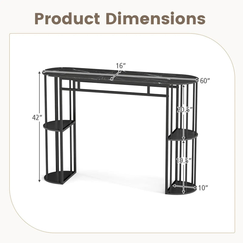 60 Inch Long Bar Table Narrow with Faux Marble Tabletop and Storage Shelves by DirectDeals