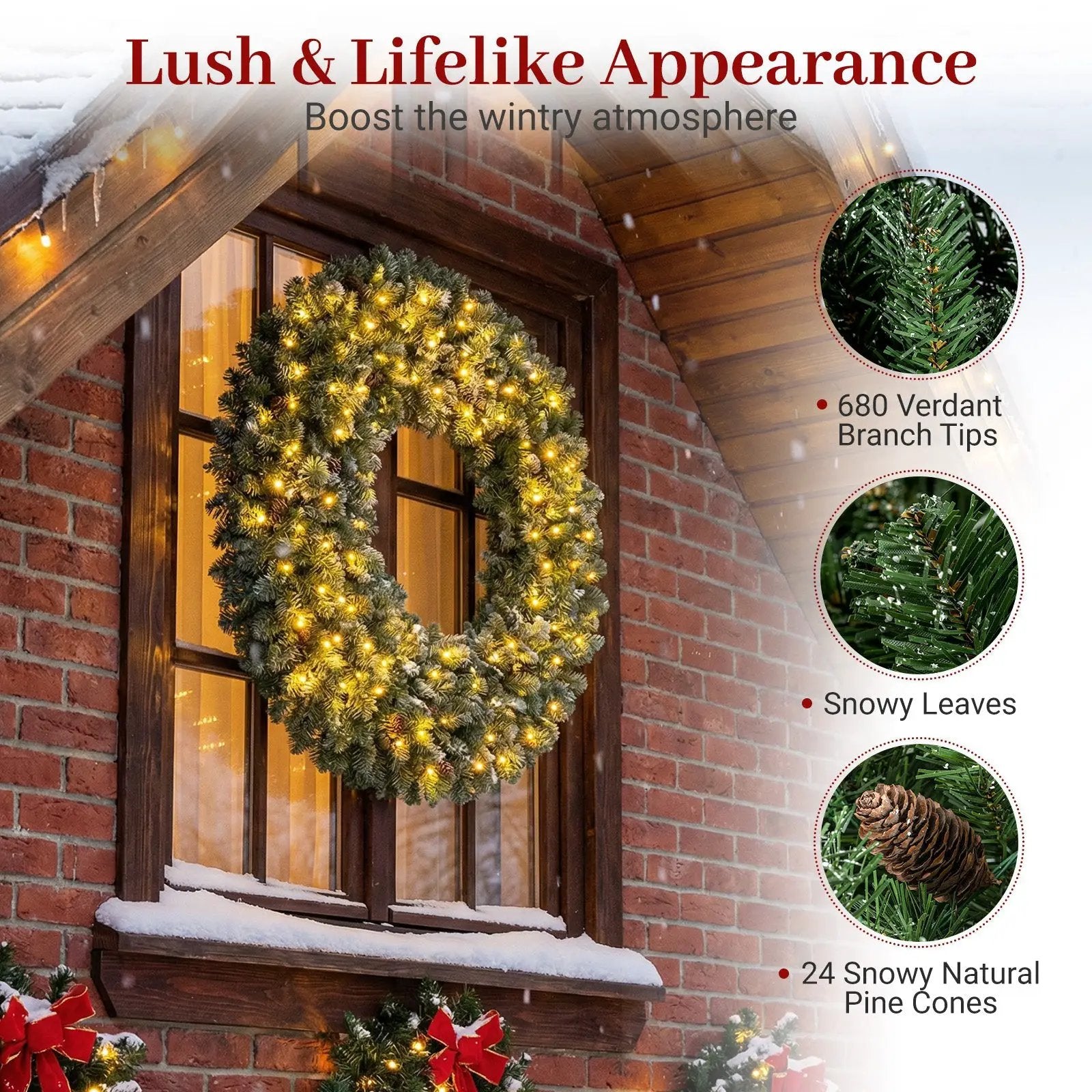 60 Inch Pre-Lit Artificial Christmas Wreath 200 LED Warm White Lights by DirectDeals